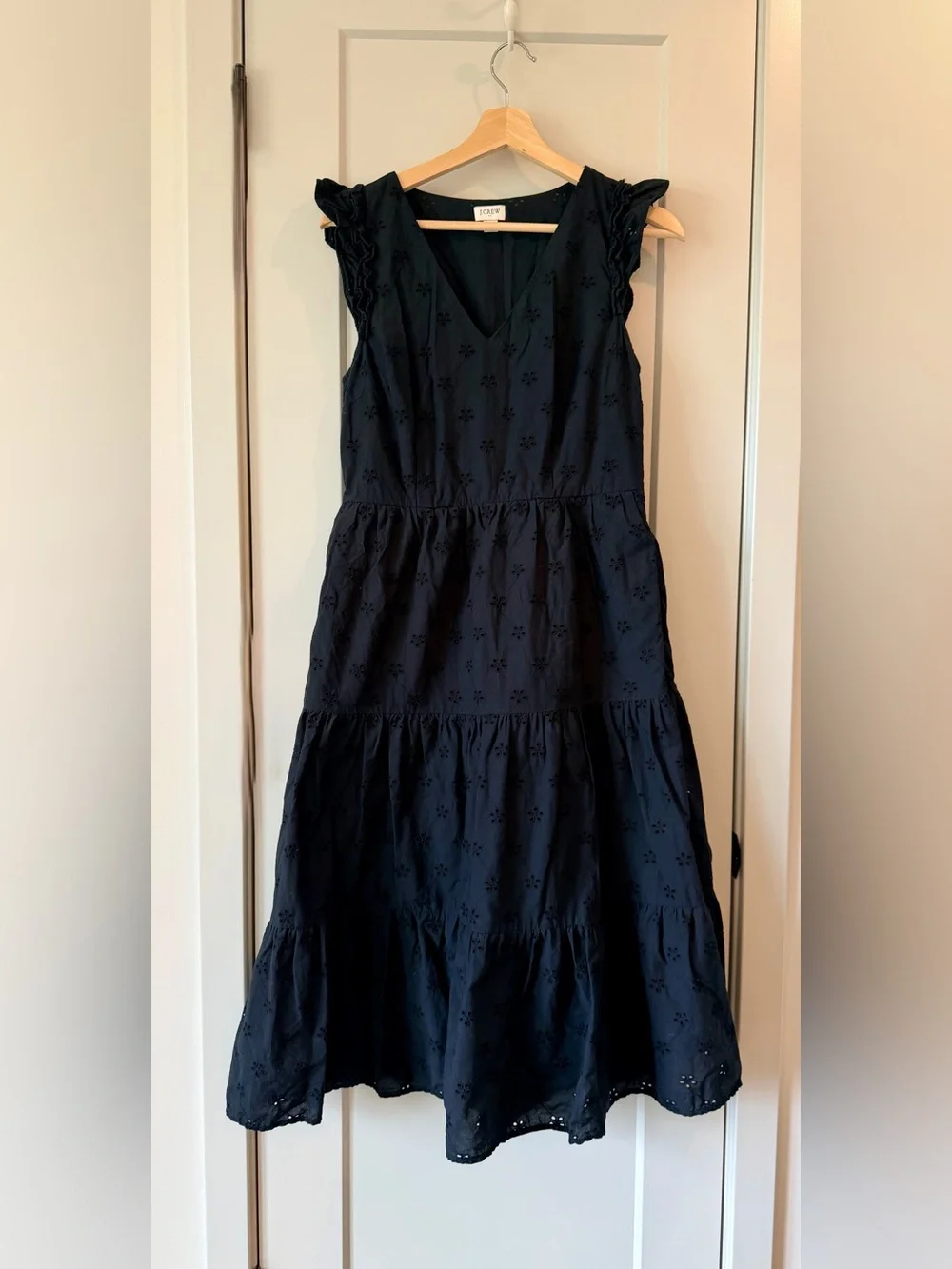 J. Crew Black Eyelet Midi Dress 100% Cotton Ruffle Sleeve Tiered Dress w/Pockets
